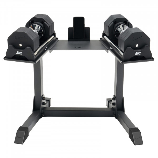 Hero image of the Nike Strength Adjustable Dumbbells with the stand