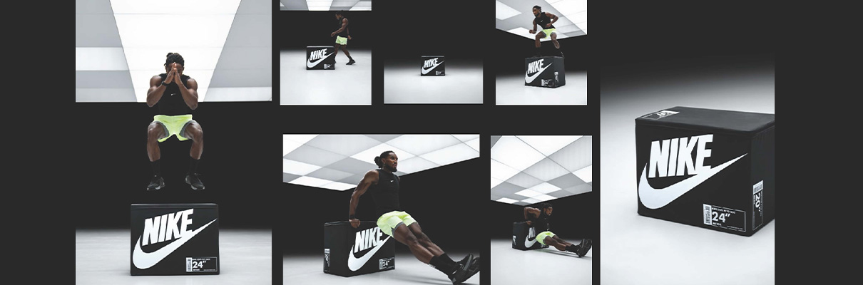 Collage of different views and details of the Nike Strength Soft Plyo Box in black