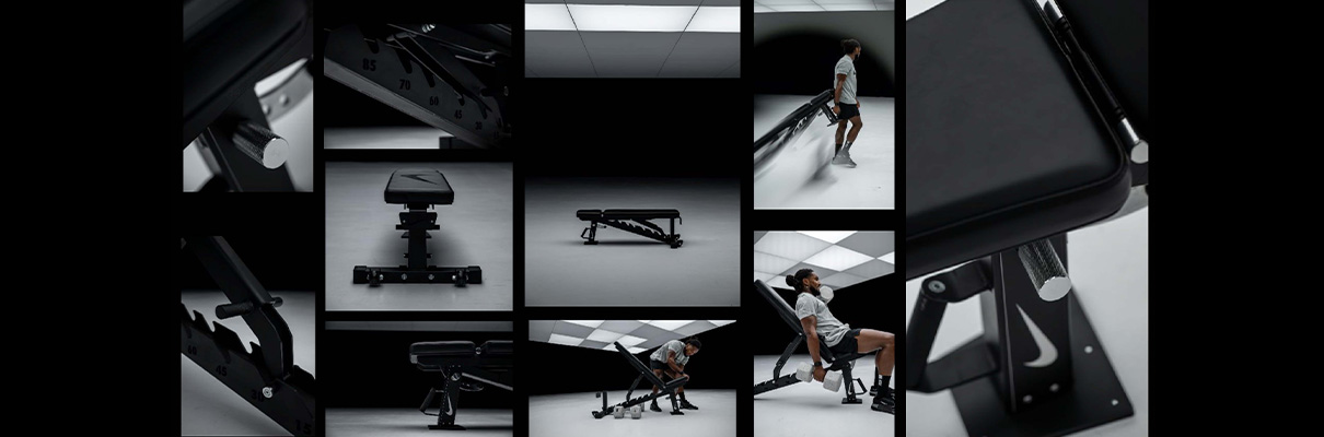 Collage of different views and details of the Nike Strength Adjustable Weight Bench
