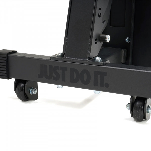 Close-up of wheel and base on the Nike Strength Adjustable Weight Bench