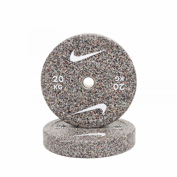 Front view of a 20kg Nike Strength Grind Bumper Plate.