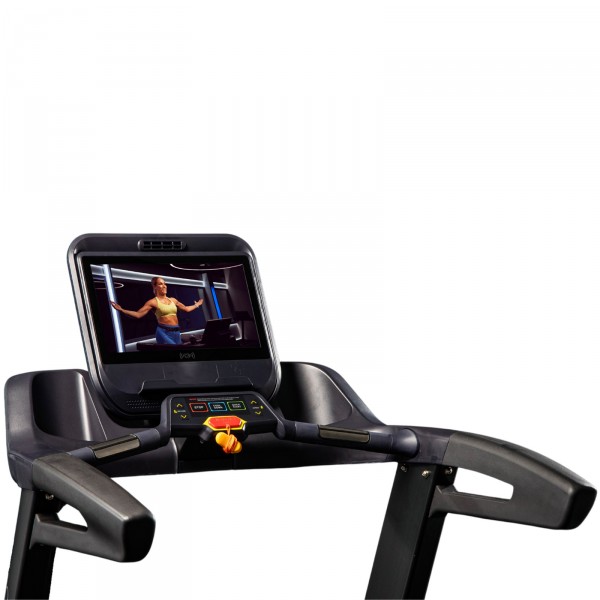 Close-up shot of the display panel on the NoblePro Elite E10i Treadmill displaying the Peloton app.