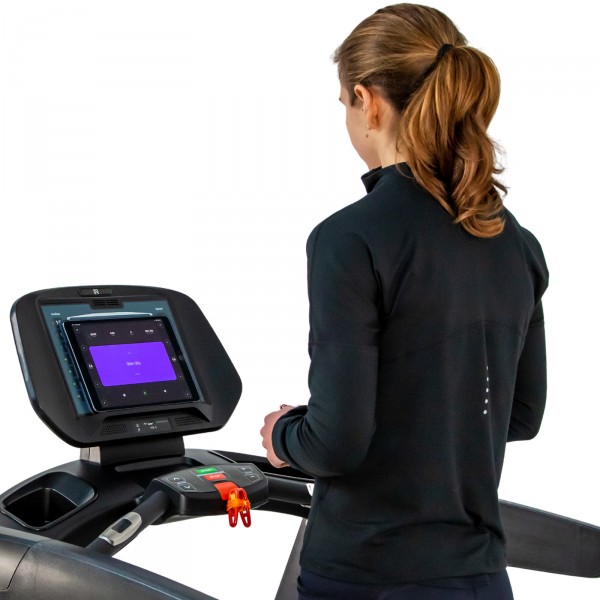 Detailed view of the tablet holder on the NoblePro Elite E8.0 Treadmill.