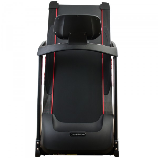 View from the rear of the NoblePro Elite E8i Treadmill, folded for compact storage.
