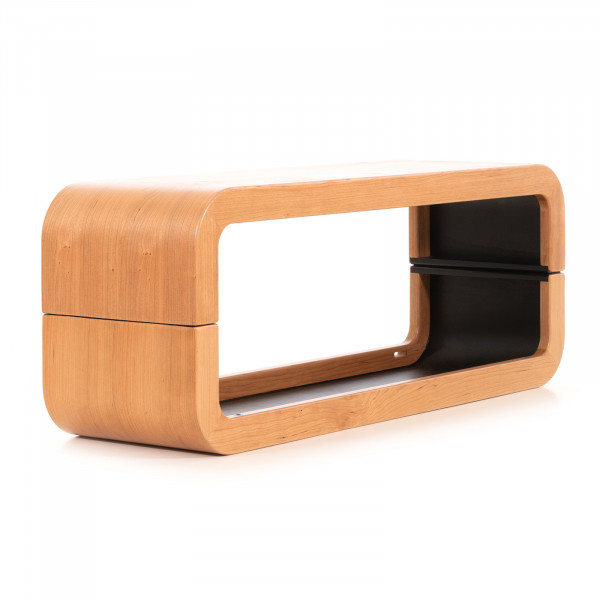 Side angle of NOHRD StepBox step panel in cherry wood finish.
