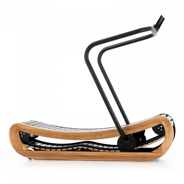 Left-side view of the NOHRD Sprintbok Curved Treadmill V2 (Oak)
