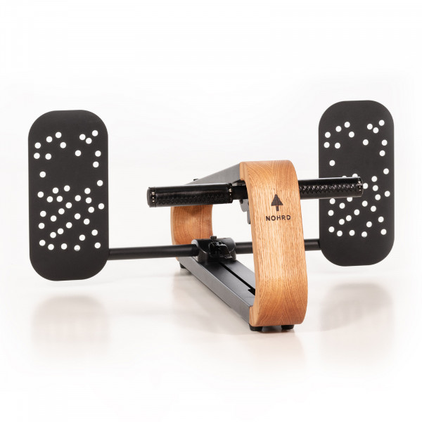 Angled view of the NOHRD SpineStretch showing wooden frame and handles.