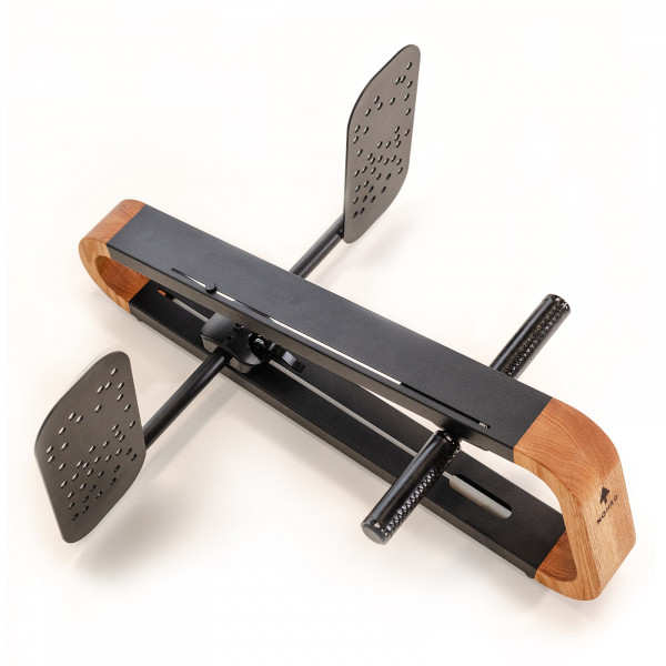 Top-down view of the NOHRD SpineStretch showing adjustable footplates and handles.