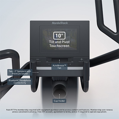 Front close-up view of the NordicTrack Step Climber console showing touchscreen controls and display<br />THE 