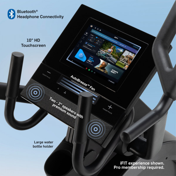 Touchscreen console with speakers, fan, and controls