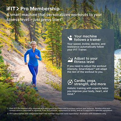 Outdoor scene view of a user running with iFIT training on the NordicTrack Step Climber display interface 