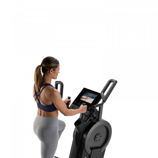 Close-up view of screen and handles during a workout