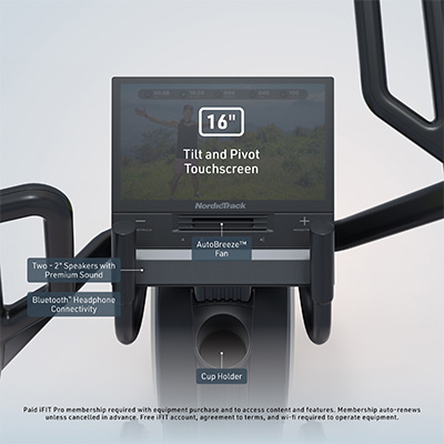 Front close-up view of the NordicTrack Step Climber XL console with 16 inch touchscreen display 