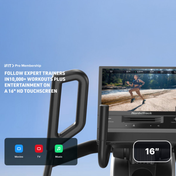 Close-up of iFIT workout playing on the 16” HD touchscreen