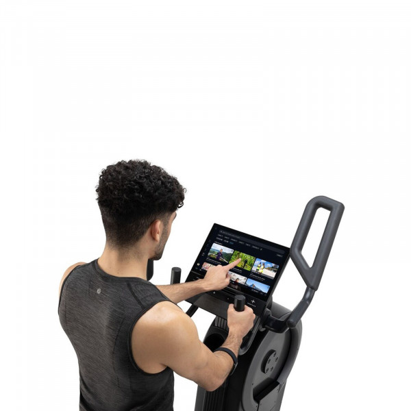 Close-up view of screen and handles during a workout