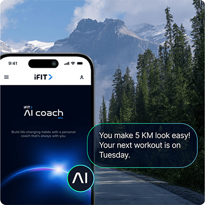 iFIT AI Coach app interface displayed on a smartphone with workout coaching message overlay 