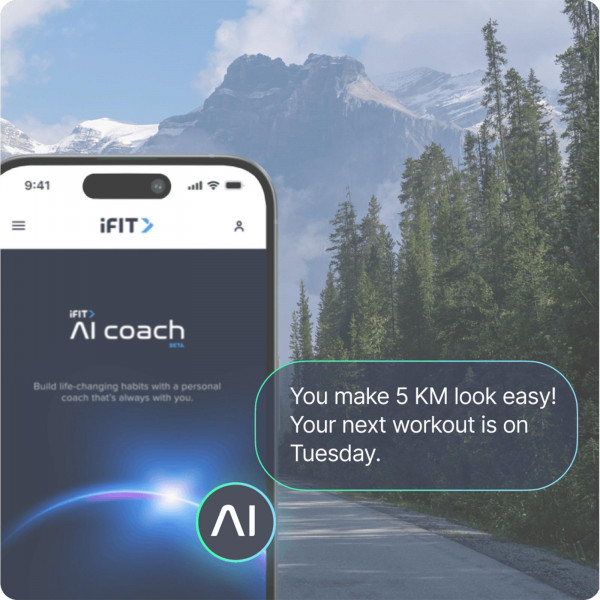 iFIT AI Coach app interface displayed on a smartphone with workout coaching message overlay