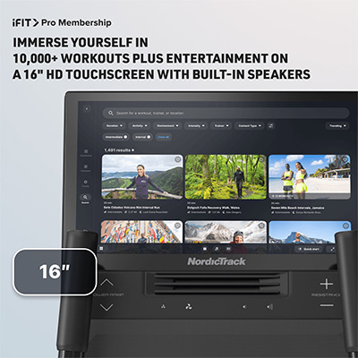 Closeup of the 16-inch HD touchscreen and built-in speakers on the NordicTrack AirGlide 16 Elliptical with iFIT workout library displayed 