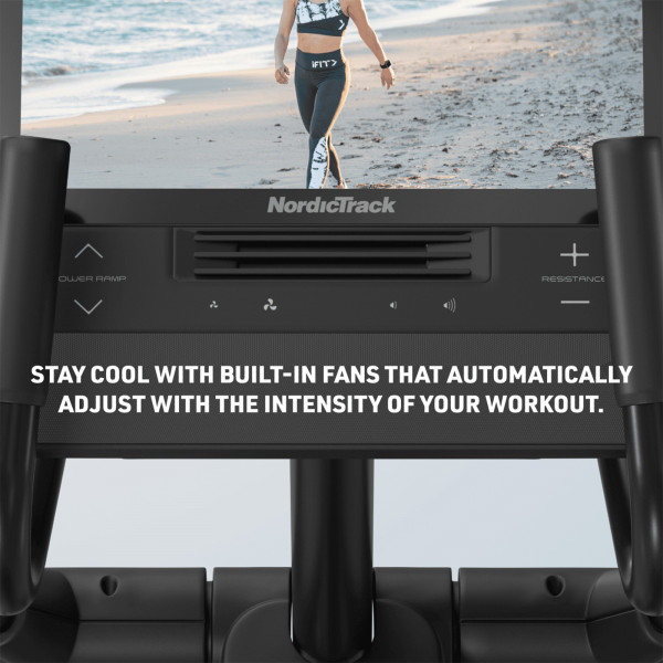 Closeup of the NordicTrack AirGlide 16 Elliptical console with built-in fan controls and workout intensity text overlay