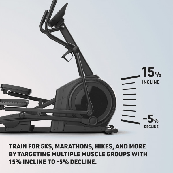 Side profile closeup of the NordicTrack AirGlide 16 Elliptical showing incline and decline range graphic