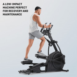 Model using the NordicTrack AirGlide 16 Elliptical with low-impact workout text overlay