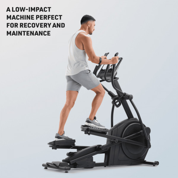 Model using the NordicTrack AirGlide 16 Elliptical with low-impact workout text overlay