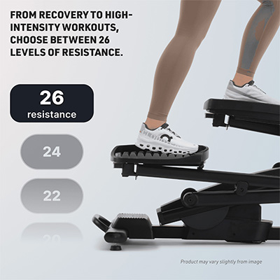 Closeup of the pedals and resistance level graphic on the NordicTrack AirGlide 16 Elliptical 
