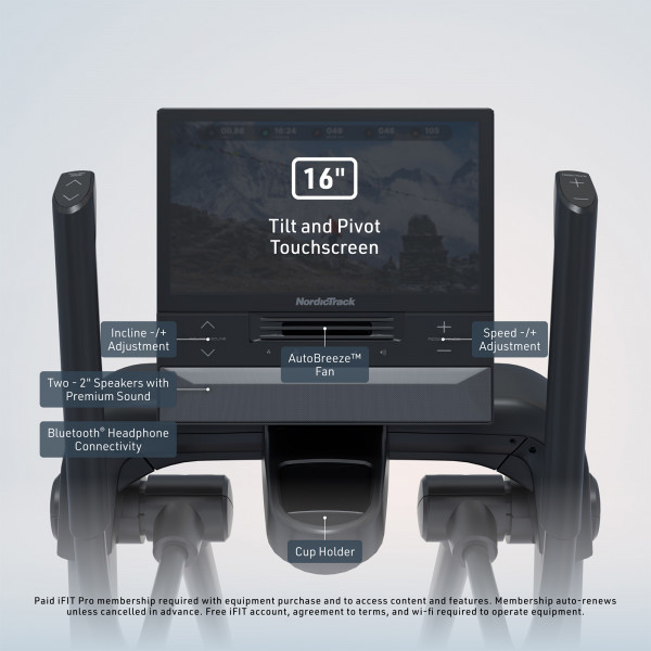 NordicTrack X16 Elliptical console with 16-inch touchscreen and easy workout controls