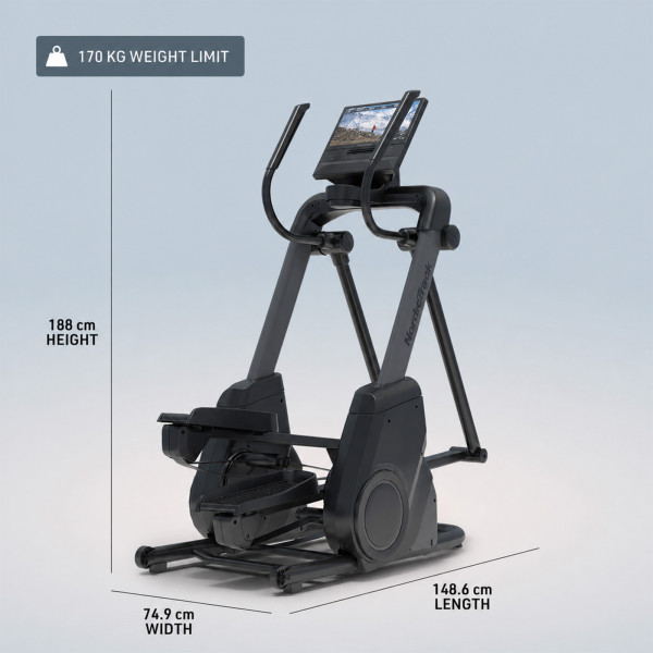 NordicTrack X16 Elliptical full product view with dimensions and 170 kg weight capacity