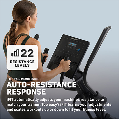 Model using the NordicTrack AirGlide LE Elliptical with 22 resistance levels and iFIT auto-resistance adjustment