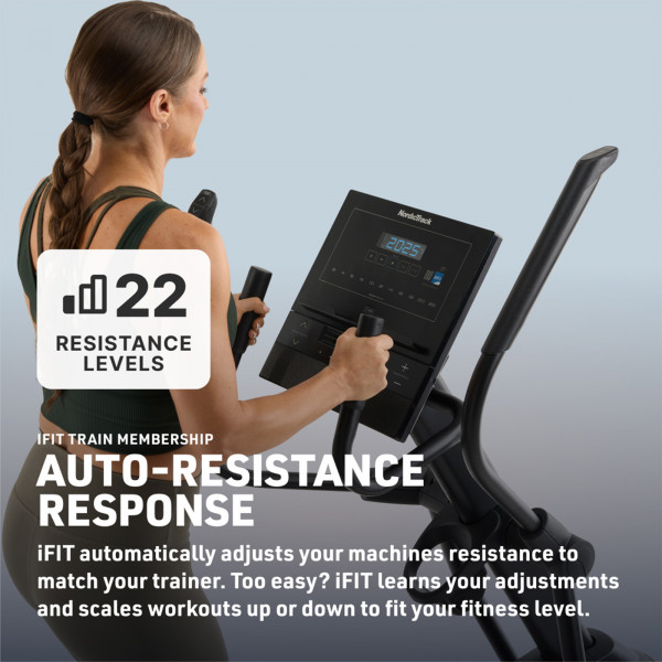 Model using the NordicTrack AirGlide LE Elliptical with 22 resistance levels and iFIT auto-resistance adjustment