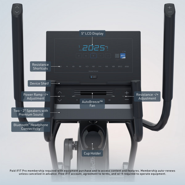 Close-up of the NordicTrack AirGlide LE Elliptical console showing the 5-inch LCD display, resistance controls, fan and speakers