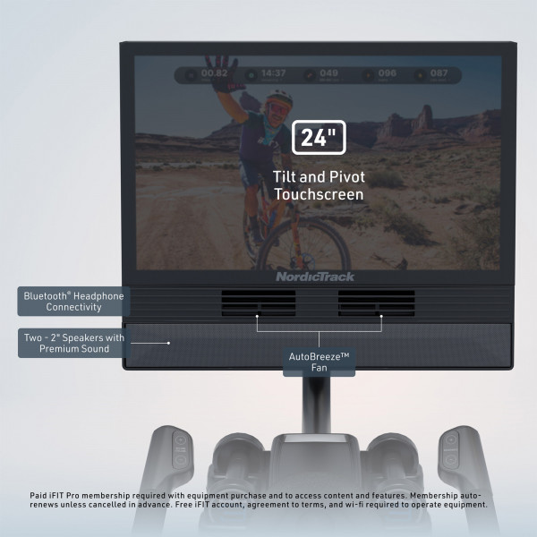 Closeup of the touchscreen console on the NordicTrack X24 Bike showing workout display and controls
