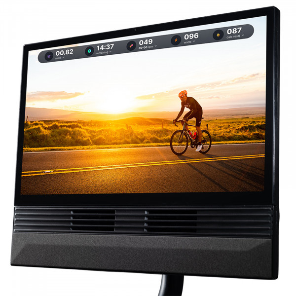 Closeup of the touchscreen on the NordicTrack X24 Bike showing cycling route and stats