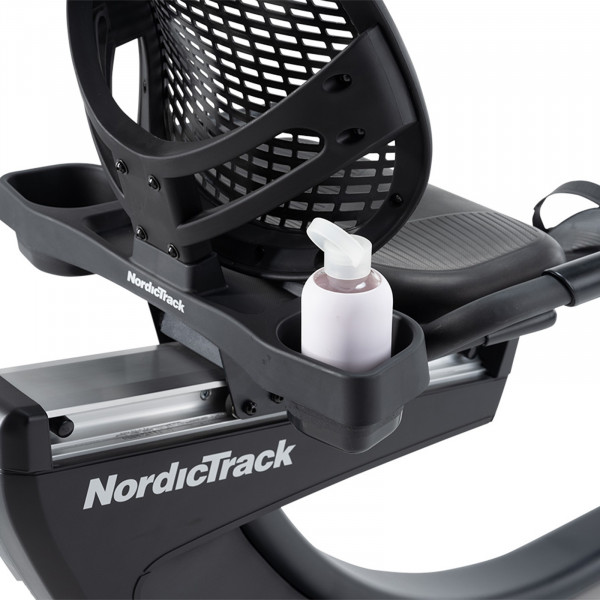 Closeup of the water bottle holder on the NordicTrack 10 Recumbent Bike.