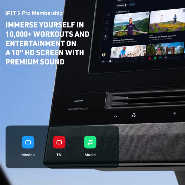 NordicTrack 10 Recumbent Bike screen showing iFIT workouts and entertainment options