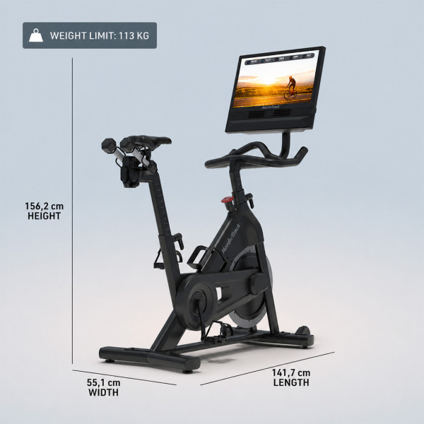 Side view of NordicTrack 24 Studio Exercise Bike with dimensions and weight capacity shown
