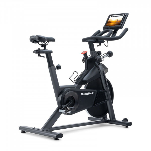 Front right view of the NordicTrack T Series 9 Bike with tablet