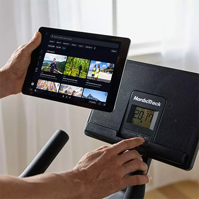 Close-up of tablet and console on the NordicTrack T Series 9 Bike