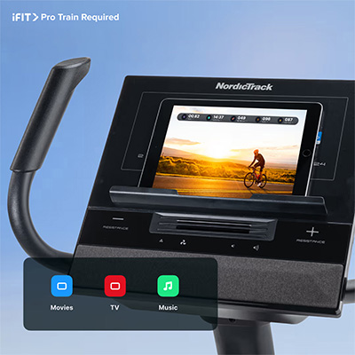 NordicTrack G LE Upright Bike console with tablet showing workout