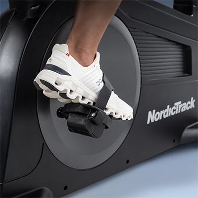 Close-up of NordicTrack G LE Upright Bike pedal with strap 