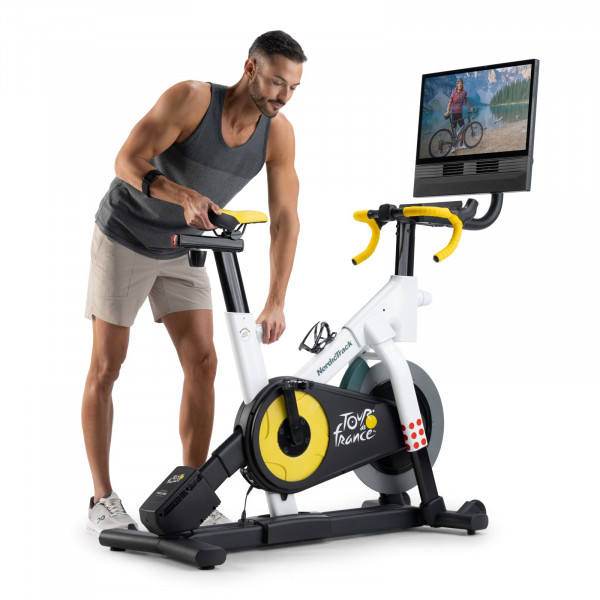 Seat height adjustment on the NordicTrack Tour de France Indoor Bike