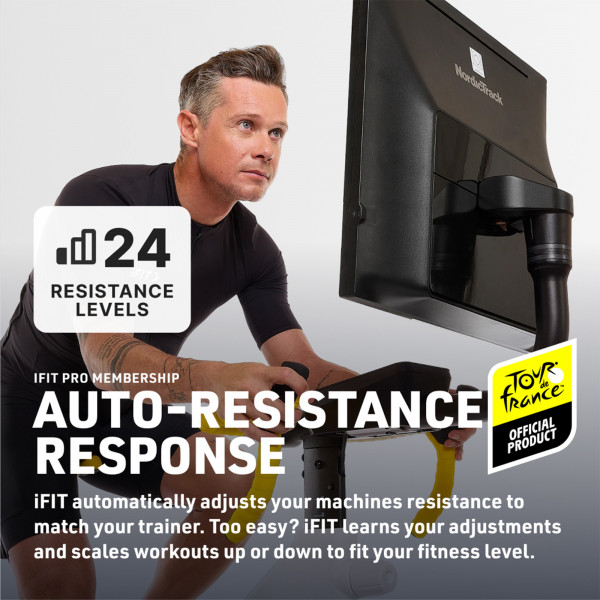 Model using the NordicTrack Tour de France Indoor Bike with auto resistance response feature overlay