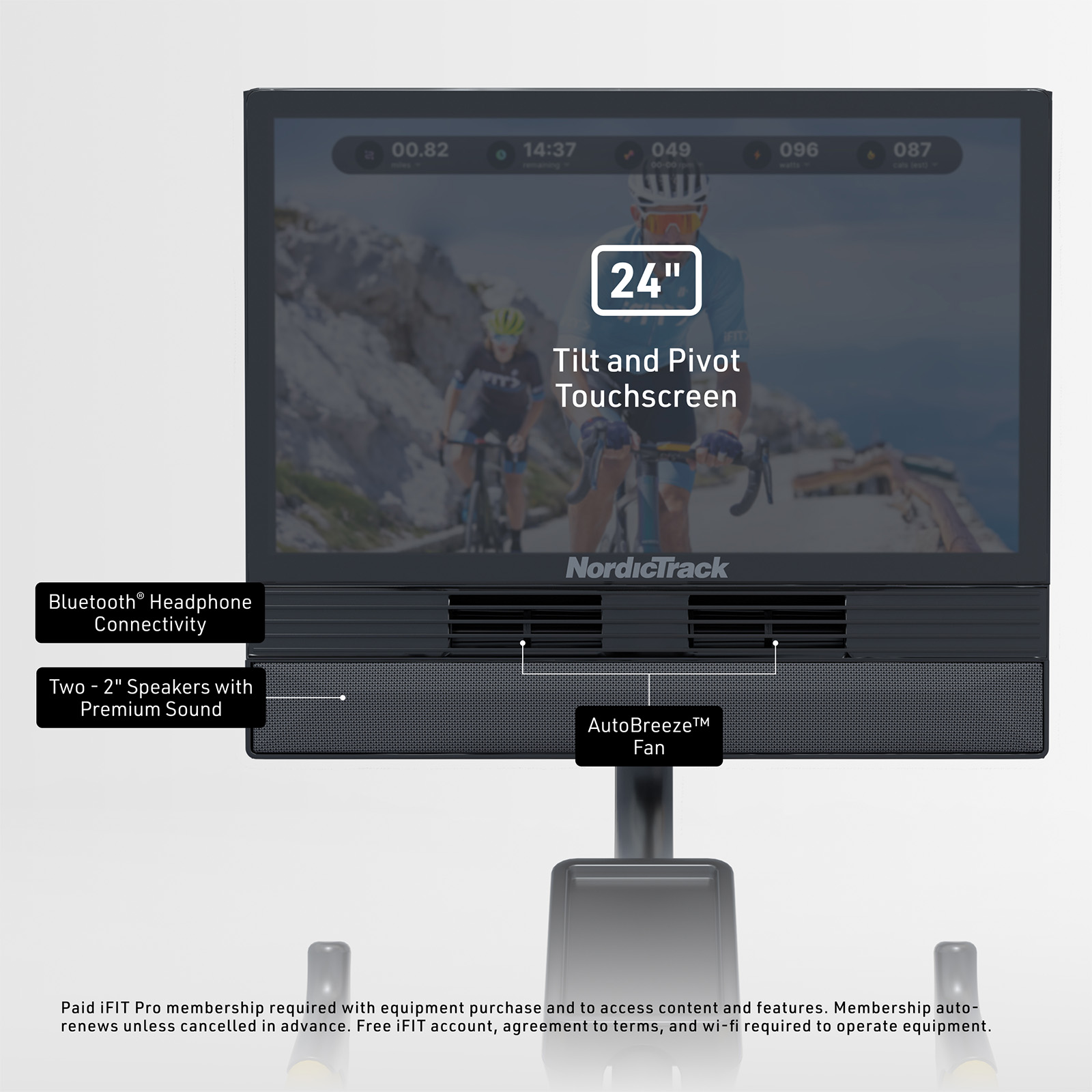 Closeup of the touchscreen console on the NordicTrack Tour de France Indoor Bike with touchscreen and controls 