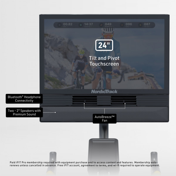 Closeup of the touchscreen console on the NordicTrack Tour de France Indoor Bike with touchscreen and controls
