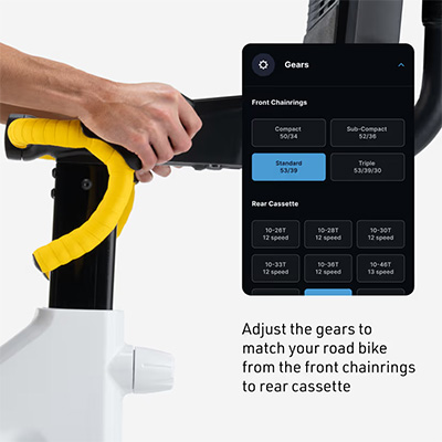 Closeup of the shifter controls on the NordicTrack Tour de France Indoor Bike with gear adjustment interface