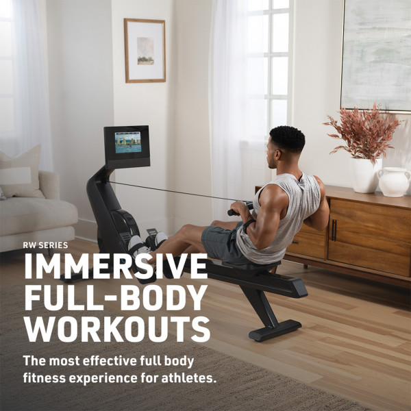 Promotional banner of a person using the NordicTrack RW700 Rowing Machine