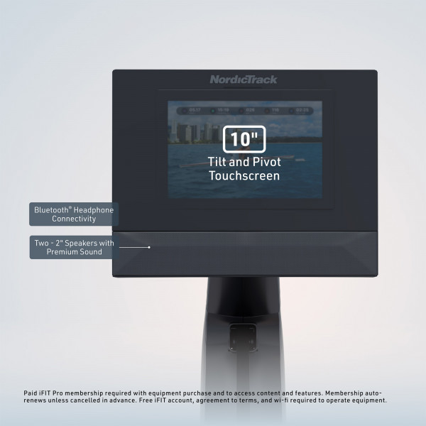 Graphic highlighting the touchscreen and audio features on the NordicTrack RW700 Rowing Machine