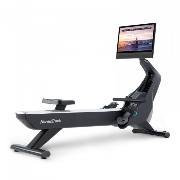 Angled view of NordicTrack RW900 Rower with touchscreen turned to the side
