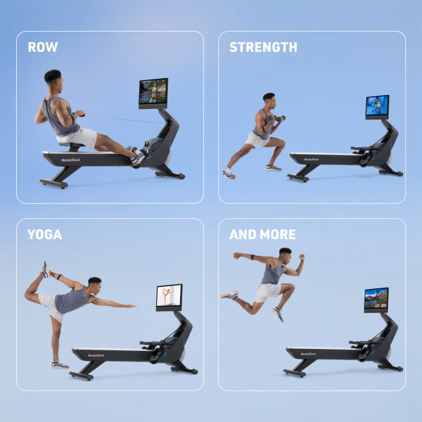 Multiple workout types including rowing, strength, yoga, and cardio shown with NordicTrack RW900 Rower
